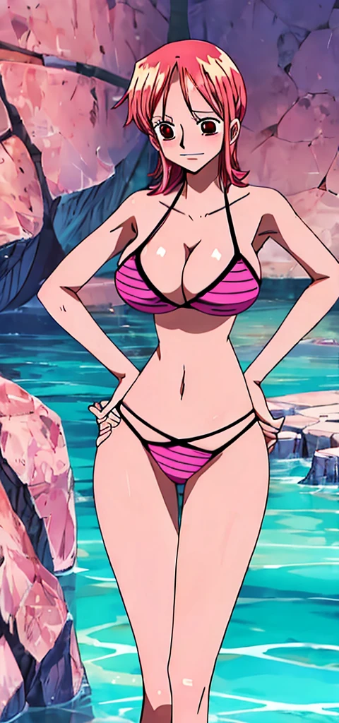 Nami, with her big breasts and beautiful legs, stands in a silver bikini with her legs spread, mouth open and blushing.。