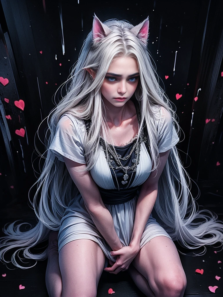 a tall young man with white long hair and cat ears, bright shimmering blue eyes, extremely detailed,looking up at the camera with flushed cheeks and tears in his eyes, rosy cheeks,tear drops glowing, teary eyes,soaked lashes,emotional expression,intense sadness,dripping tears, true-to-life textures,highly refined details,wearing a white apron with wet stains, kneeling on the floor of a dark room, perfect anatomical structure, rose petals scattered around in red and blue, artistic composition,breathtaking realism,masterful craftsmanship,highly emotional scene, moisture in the air, stark contrast, precise contours,striking emotion,touching portrayal,painstaking attention to detail,aesthetically pleasing,heart-wrenching,deeply moving artistry