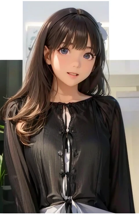 High resolution,In 8K,highest quality,detailed,Semi-realistic anime,Anime 3D Style,Smooth anime CG,One Girl,19-year-old woman in Japan,slim,Modeled,Shiny brown hair,Chest-length hair,detailedな顔,Beautiful and detailed,Glowing Skin,straggling hair,((Wearing a blouse)),((She wore a translucent black silk dress.)),(Thin and transparent),(Small breasts),((Deep, deep blue, shining eyes)),((Looking at the audience)),((Open your eyes)),((large, round eyes)),((Open your mouth)),((Laughter)),