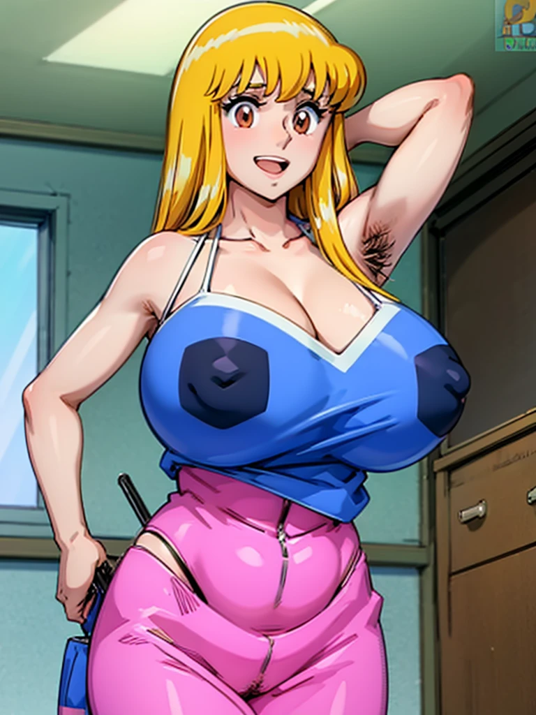 (Reiko Akimoto, solo), (sleeveless, pink police uniform), embarrassing big smile, (masterpiece, best quality), delicate illustration ultra-detailed, sagging gigantic huge breasts, (in police box, desk), ((showing hairy armpit hair)), upper body only, sweating, hand behind head, stomach hair, bukkake, cum shot, hentai atmosphere, blonde, big hip