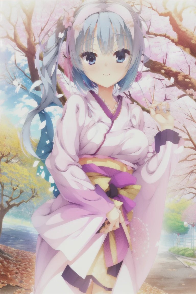 1girl,solo,kimono,blue_eyes,sensitive,smile,cherry_blossoms,japanese_clothes,looking_at_viewer,white_hair,flower,breasts,upper_body,egasumi,twintails,blush,bangs,cleavage,general,questionable,explicit,expensive_solve, clear_image, expensive_Contrast, 8k, Sparkling, beautiful_detailed_face_and_eye, (Blue Hair:1.25), white eye, Side Ponytail,