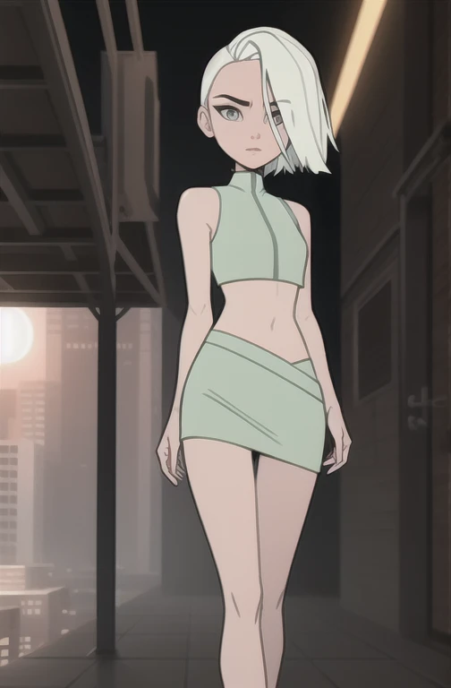 (dark theme:0.6), Glucose, 1 Girl, mature face, One, short hair, in a light green short sexy dress, sleeveless belly covering dress, sexuality, Long legs, High growth, Sun, wound, 1.2), White hair, pomade, decrease,  I look at the viewer, grey eyes, Sharp image, crop top, (HDR:1.22), Muted colors, complex background, Hyper detailed, art [[Jordan Grimmer]]