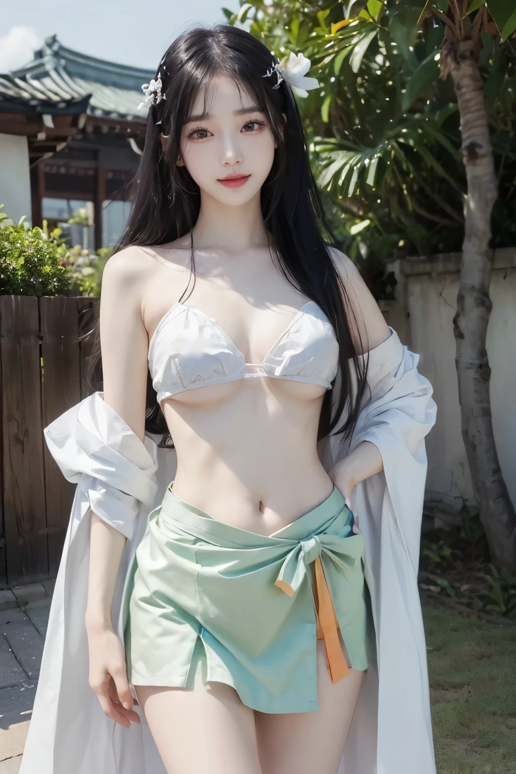 ((high-level image quality))、(Like a shot with an SLR)、((beautiful korean girl)), ((glamour sensual body))、 ((Beautiful legs)), ((almost nude looks colorful hot green hanbok)),((super pretty face)), take a slit in the clothes on the thigh, ((navel exposed)), ((little smile)), ((shines pale bright face without shadow)), ((slender but big breast)), (off the shoulder)、antient asian palace background, ((Hair covers the ears and makes them invisible)),((fair milky color and pale white skin)),((underboob)), ((black hairs)) , ((super white skin color))
