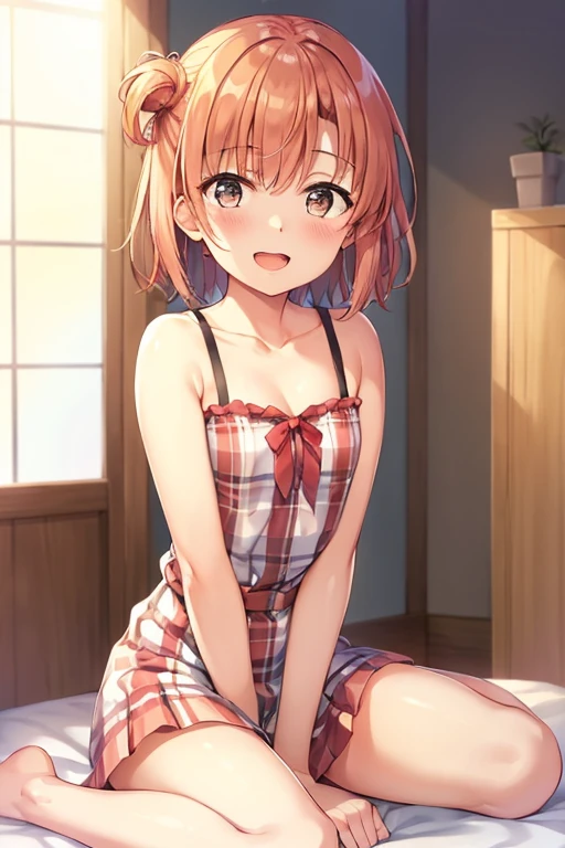 ((highest quality)), ((masterpiece)), (be familiar with), Perfect Face, indoor, Bedroom, Watching the audience,
One woman, Yuigahama Yui,
Open Mouth, Ecstatic expression, blush, smile,
Small breasts, Flat Chest, Young Girl, , , Girl,
Short Hair, Salmon-colored hair, Salmon-colored eyes, Side Pony,
Leg spread,