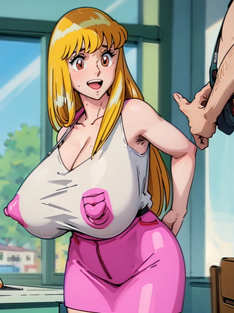 (Reiko Akimoto, solo), (sleeveless, pink police uniform), embarrassing big smile, (masterpiece, best quality), delicate illustration ultra-detailed, sagging gigantic huge breasts, (in police box, desk), ((showing hairy armpit hair)), upper body only, sweating, hand behind head, stomach hair, bukkake, cum shot, hentai atmosphere, blonde, big hip