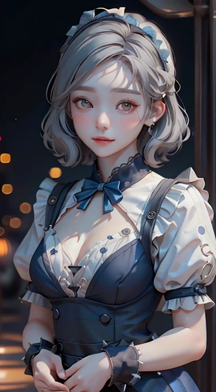 ((16 Nights Sakiya)), ((Oriental Project)), Cosplay, 20-year-old woman, (((Gray Hair)), ((Medium Spiky Hair)), ((Blue maid outfit)), ((White blouse)), Center of chest, (Light)))), (Pause))), (Photorealistic photography: 1.3), rim Lighting, (Skin with attention to detail:1.2), 8k UHD, Digital SLR, high quality, High resolution, 4K, 8k, Bokeh, Disorganized, The optimal ratio is four fingers to one thumb, (Genuine:1.3), The cutest girl 1, Lots of knives