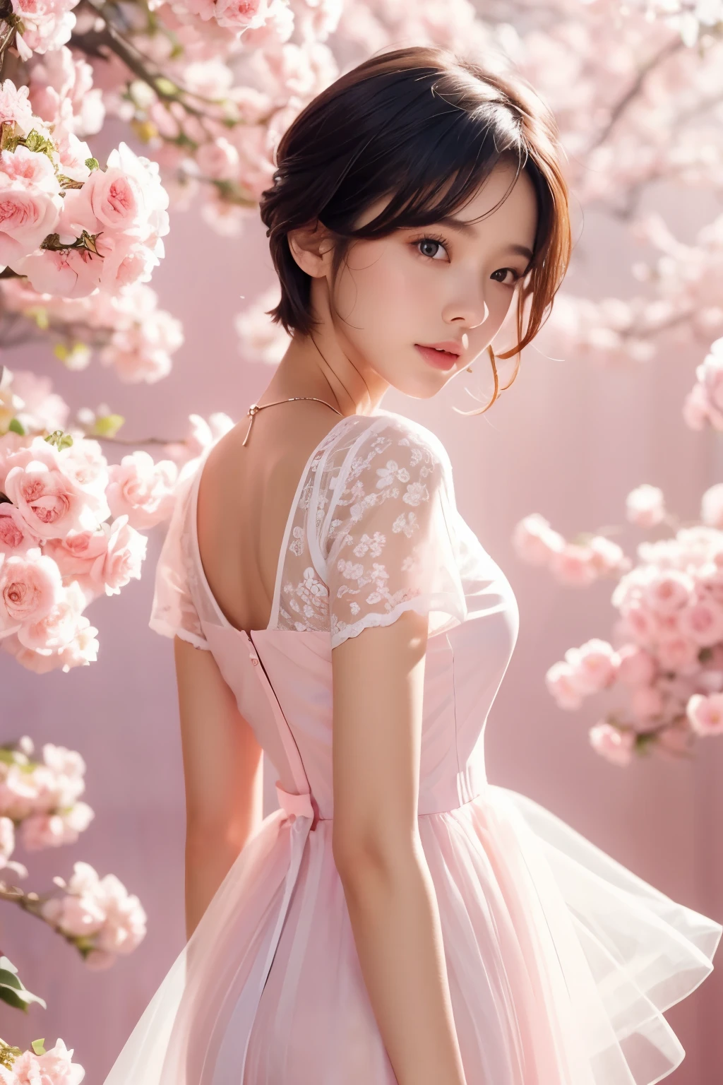 Beautiful woman wearing a translucent short-sleeved dress in a pink and white gradient, Magazines, Flower background, Short cut, 