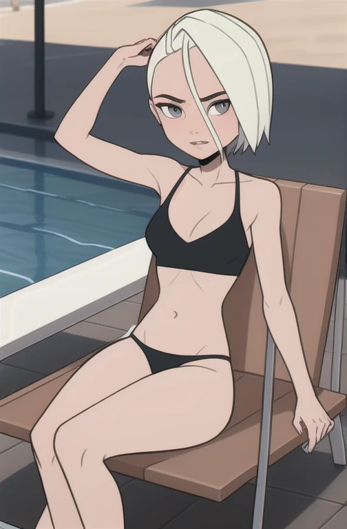 (dark theme:0.6), Glucose, 1 Girl, mature face, One, short hair, in a black bikini, in a black bra, sexuality, Long legs, High growth, лежи на sun loungerе, sun lounger, armpits, Sun, wound, beach, pool 1.2), White hair, pomade, decrease,  I look at the viewer, grey eyes, Sharp image, crop top, (HDR:1.22), Muted colors, complex background, Hyper detailed, art [[Jordan Grimmer]]