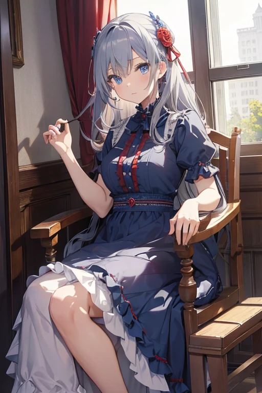 masterpiece, highest quality, High resolution, 82-year-old woman、blue eyes、
Gray Hair、Crimson frill dress、Long skirt、Western-style building、Sit by the window