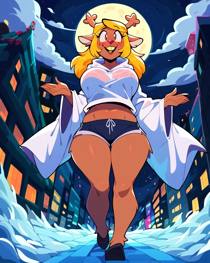 score_9, score_8_up, score_7_up, 1girl, Noelle, noelle holiday from deltarune, deer anthro, brown fur, antlers, buck teeth, red nose, standing, white robe, big breasts. long robe, BREAK, detailed background, urban, outdoors, night, moon, midriff