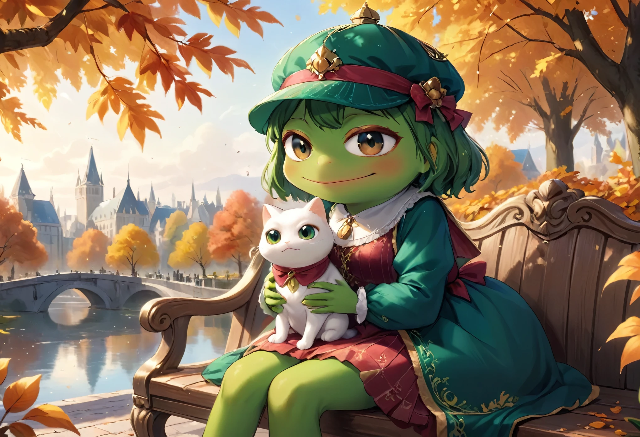 (masterpiece in maximum 16K resolution, superb quality, ultra detailed:1.3), muscular pepe the frog, solo, frog, anthropomorphic, amphibian, smiling, pepe_frog, ((close-up front view)), sitting on the ornate bench in the autumn park and ((holding a cute kitten)) in its hands, wearing a stylish leather jackets, T-shirt, ((a backwards cap)), under the blooming canopy, cityscape in the distance.
