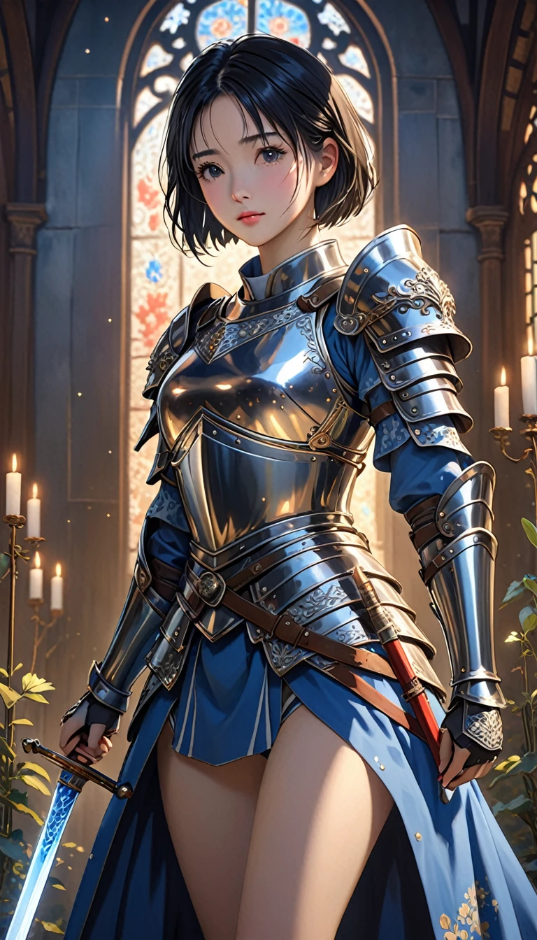 National Science Foundation,masterpiece,High resolution,8K,Art,digit,Three-dimensional,Realism,Kyoto Animation Style,Your name style,looking into camera,Soft Light,Glowing skin,(1 female: 1.3),(alone: 1.4),(((black hair))),(medieval female knight),(Ornate medieval armor),(Holding a jeweled sword in his hand),Long eyelashes,Slender legs,Short Bob,Close-up of upper body,Close-up,(Eyes as deep as the starry sky),(blush),(shy),(lovely and delicate),(Pitiful),(cry),(shed tears),(((sadness)))