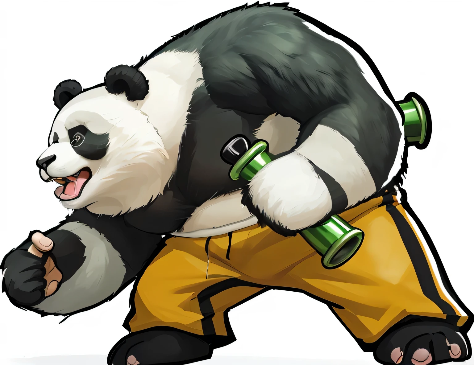 An angry panda，Holding green nunchaku，shorts。Rich details，Rich hair，