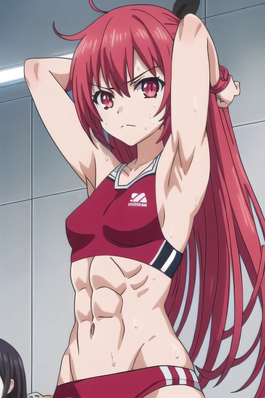 score_9, score_8_up, score_7_up, source_anime, 1girl, solo, 1girl, solo, long hair, looking at viewer, red eyes, red hair,
, indoors, arms behind head, (pixel-perfect, detail-perfect))), solo, 1girl, boxing clothes, tight thights, solo, cowboy shot, spread arms,  arms up, closed mouth, looking at viewer, detail, sweated A lot, warm body, sweat detail, angry face, spread armpit , all Body , focus armpit, slim, armpit crease , midrifft , navel, ABS, 4 pack, muscular, in ring