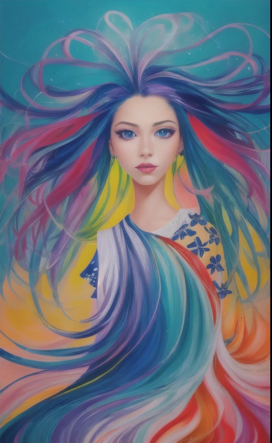 Colorful and catchy clothes that fully express the tropical atmosphere of the southern climate, a girl with long, miraculous mesh-colored hair that seems to have a similar world view and colorful passion, and dynamic and expressive art. The colors are like a mixture of oil painting, paint, and crayon.