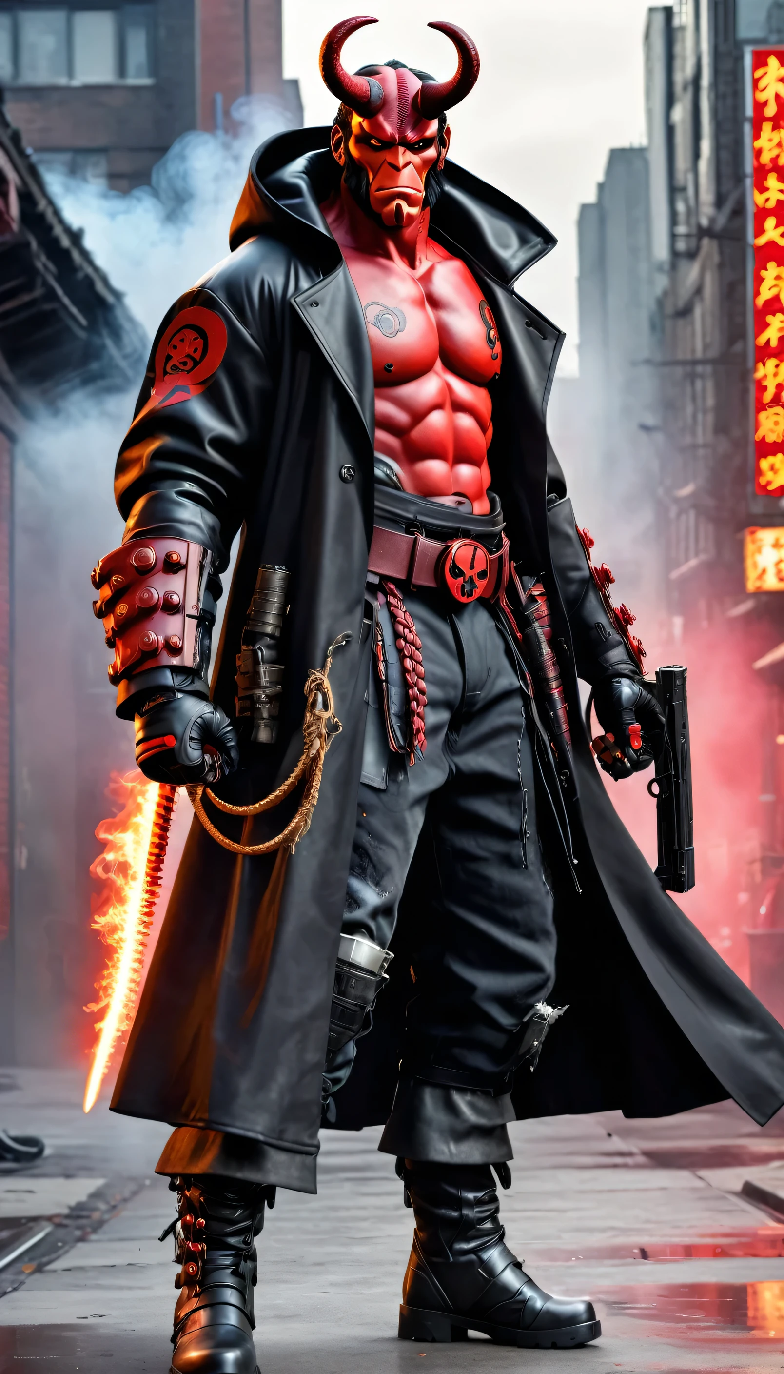 realistic cyborg hellboy, with hooded horn, back braid samurai version. red metalic body, black long jacket with tears on arm to show of his big left arm with huge knuckle, devil tail, leather boot, one hand holding big gun, smoke effect, urban city background,