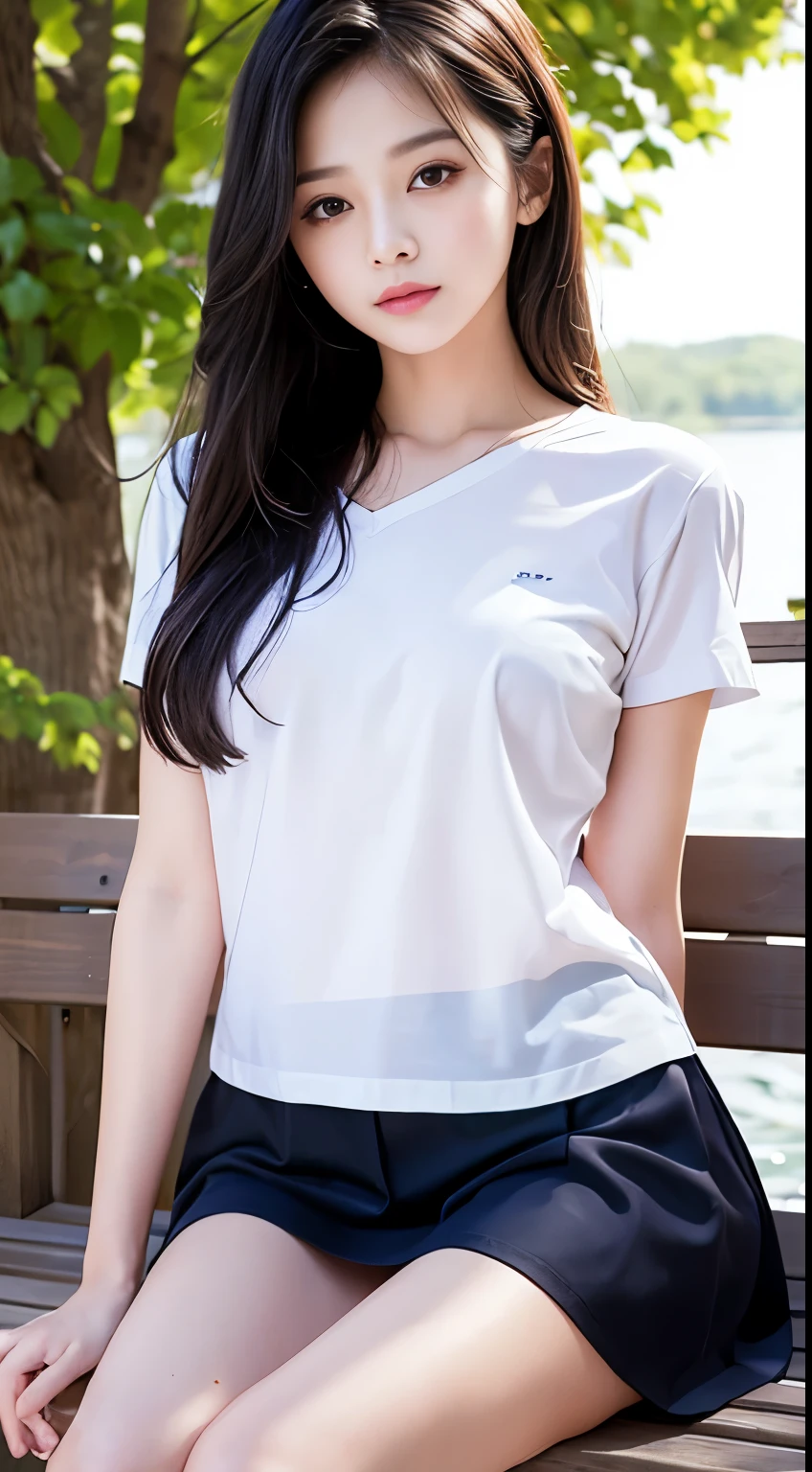 8k, Raw photo, highest quality, masterpiece:1.2), masterpiece, highest quality, figure, Very detailed, Fine details, High resolution, 8k,wallpaper, Perfect dynamic composition,(Detailed high quality, Realistic depiction of eyes:1.3)、A woman who has been and tied up、Hands behind your back、sitting on a bench by the lake、White panties are visible、Facing forward、21talent、Beauty、Well-formed face、Make your eyes even、Beautiful black hair、Has bangedium build、Well-balanced proportions、Beautiful legs、Short sleeve shirt、Long skirt、
