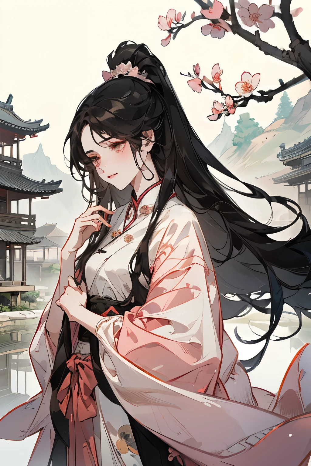 A girl with long black hair,Dignified and beautiful,A touch of sadness,Slightly sideways looking into the distance,Peach Blossom Forest,Chinese Architecture,Chinese garden