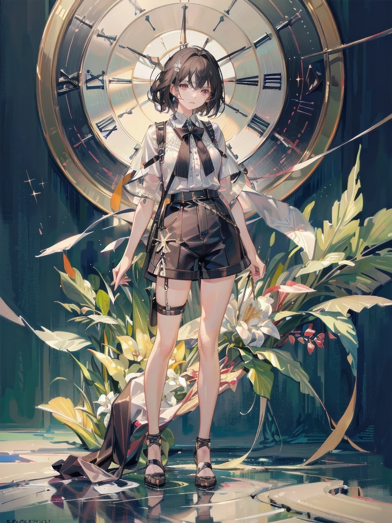 ((absurdres, RAW photo, extremely delicate and beautiful, masterpiece, Best Quality, ultra high resolution, 32k, hyperrealistic, ultra-detailed, perfect figure)), tearful mole, earring, full body shot, short medium hair, wavy hair, collared button-down shirt, shorts,