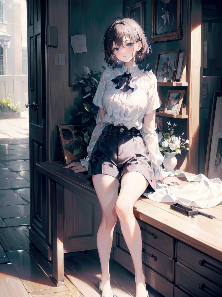 ((absurdres, RAW photo, extremely delicate and beautiful, masterpiece, Best Quality, ultra high resolution, 32k, hyperrealistic, ultra-detailed, perfect figure)), tearful mole, earring, full body shot, short medium hair, wavy hair, collared button-down shirt, shorts,