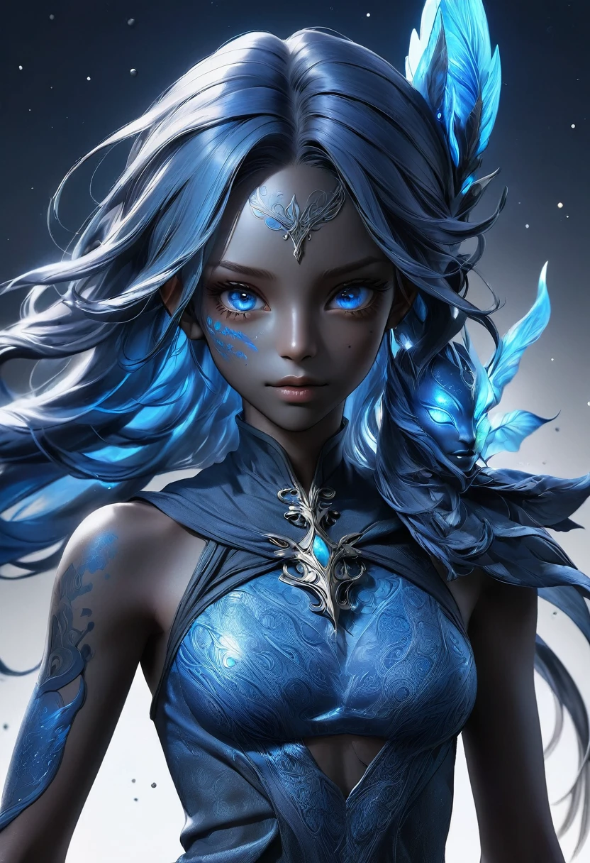 A full-length blue humanoid avatar with bioluminescent freckles and patterns on the skin. Pointed elf ears. Avatar's hair, black in color, sparkling blue eyes, slightly shimmering iridescent blue skin. Female gender, warrior-like, magical and mystical, detailed and realistic. Only blue skin tone. Only blue-colored skin. Skin completely blue.
