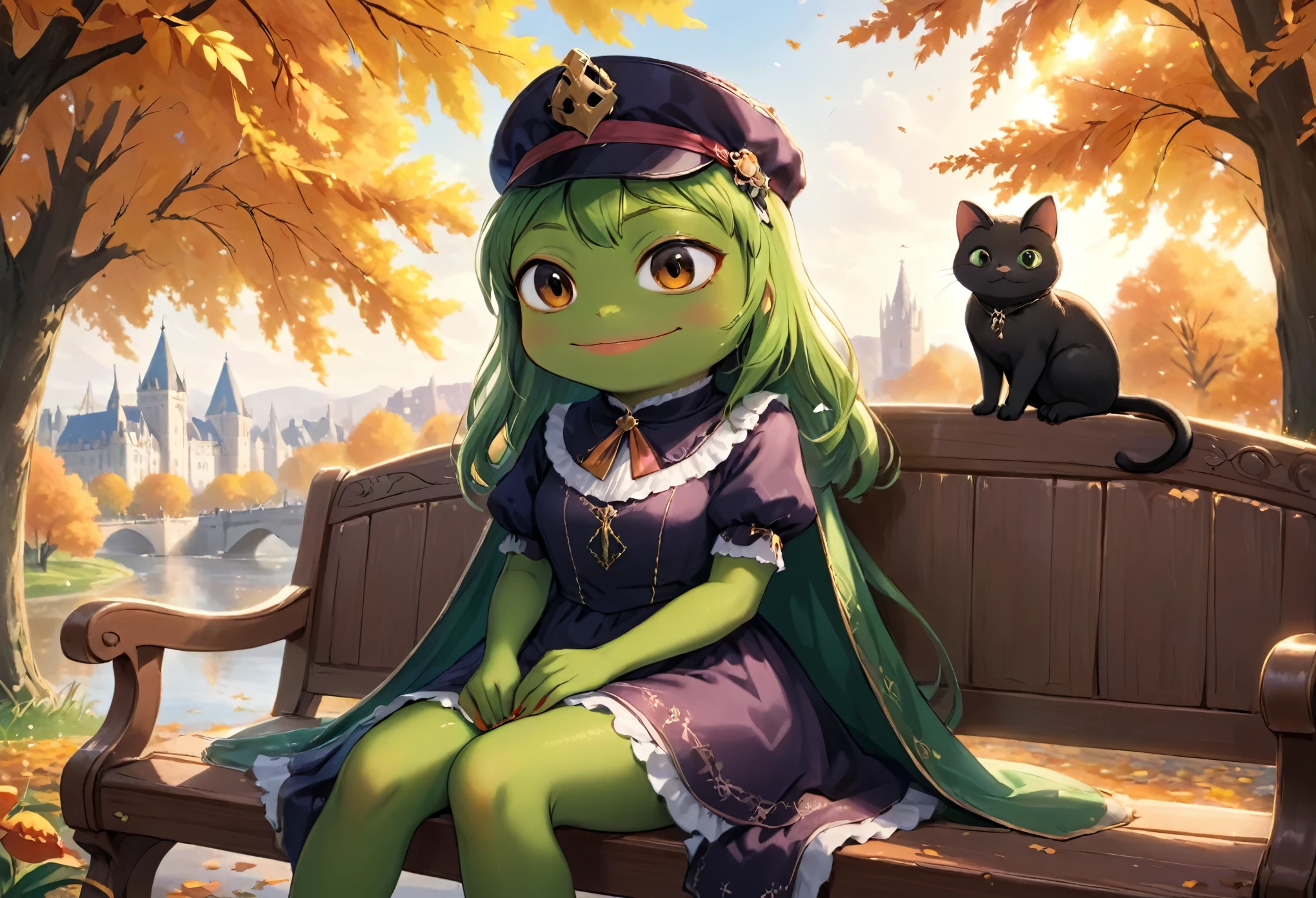 (masterpiece in maximum 16K resolution, superb quality, ultra detailed:1.3), muscular pepe the frog, solo, frog, anthropomorphic, amphibian, smiling, pepe_frog, ((close-up front view)), sitting on the ornate bench in the autumn park and ((holding a cute kitten)) in its hands, wearing a stylish leather jackets, T-shirt, ((a backwards cap)), under the blooming canopy, cityscape in the distance.
