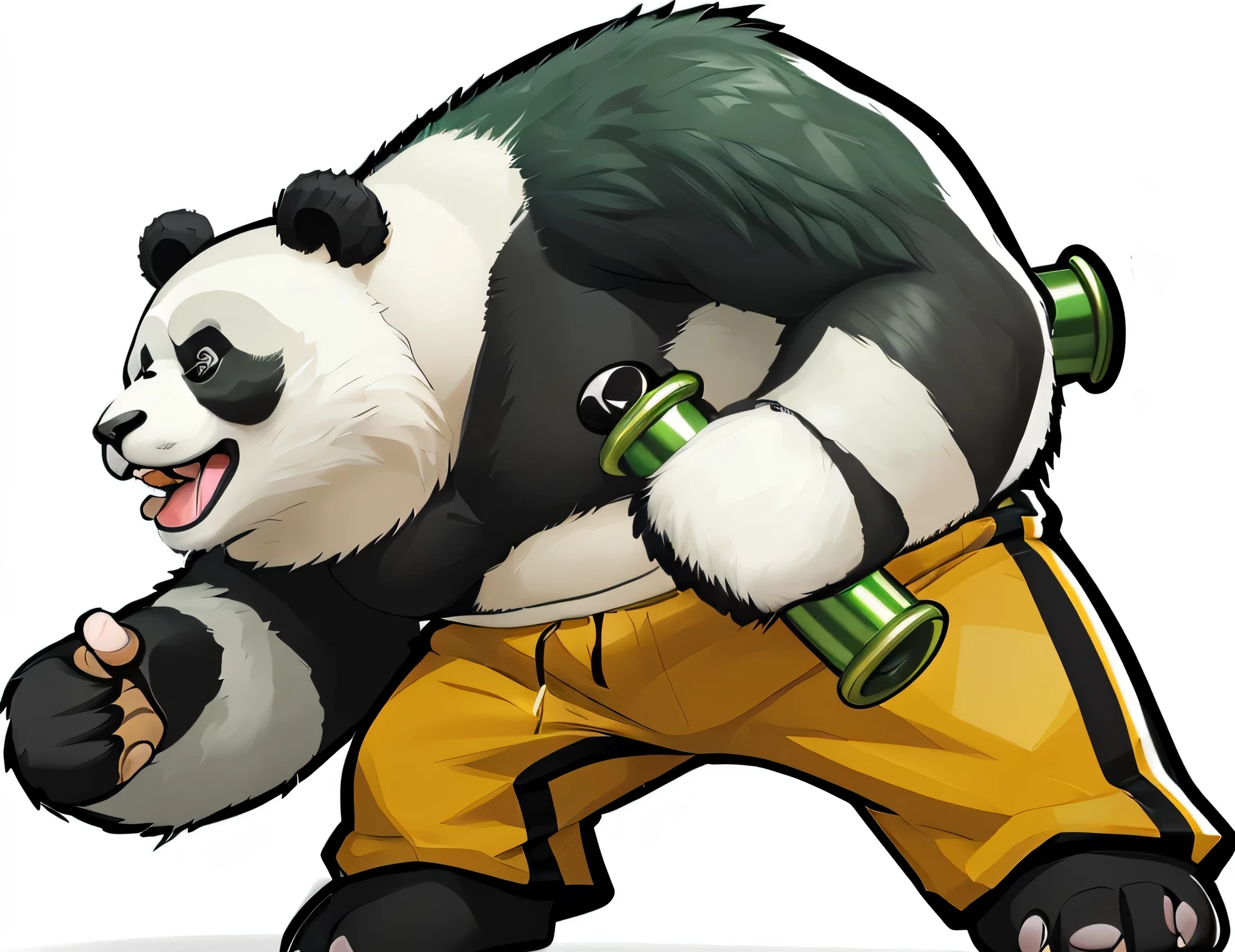 An angry panda，Holding green nunchaku，shorts。Rich details，Rich hair，