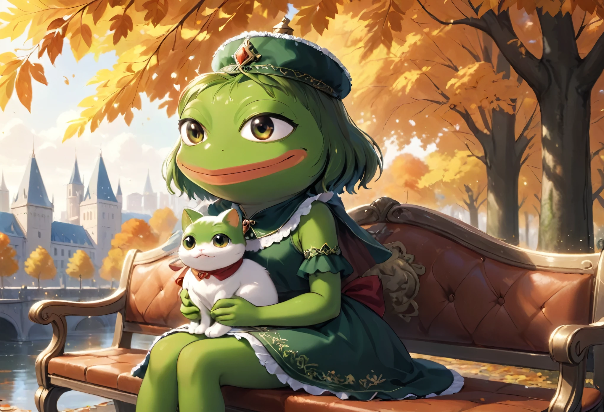 (masterpiece in maximum 16K resolution, superb quality, ultra detailed:1.3), muscular pepe the frog, solo, frog, anthropomorphic, amphibian, smiling, pepe_frog, ((close-up front view)), sitting on the ornate bench in the autumn park and ((holding a cute kitten)) in its hands, wearing a stylish leather jackets, T-shirt, ((a backwards cap)), under the blooming canopy, cityscape in the distance.
