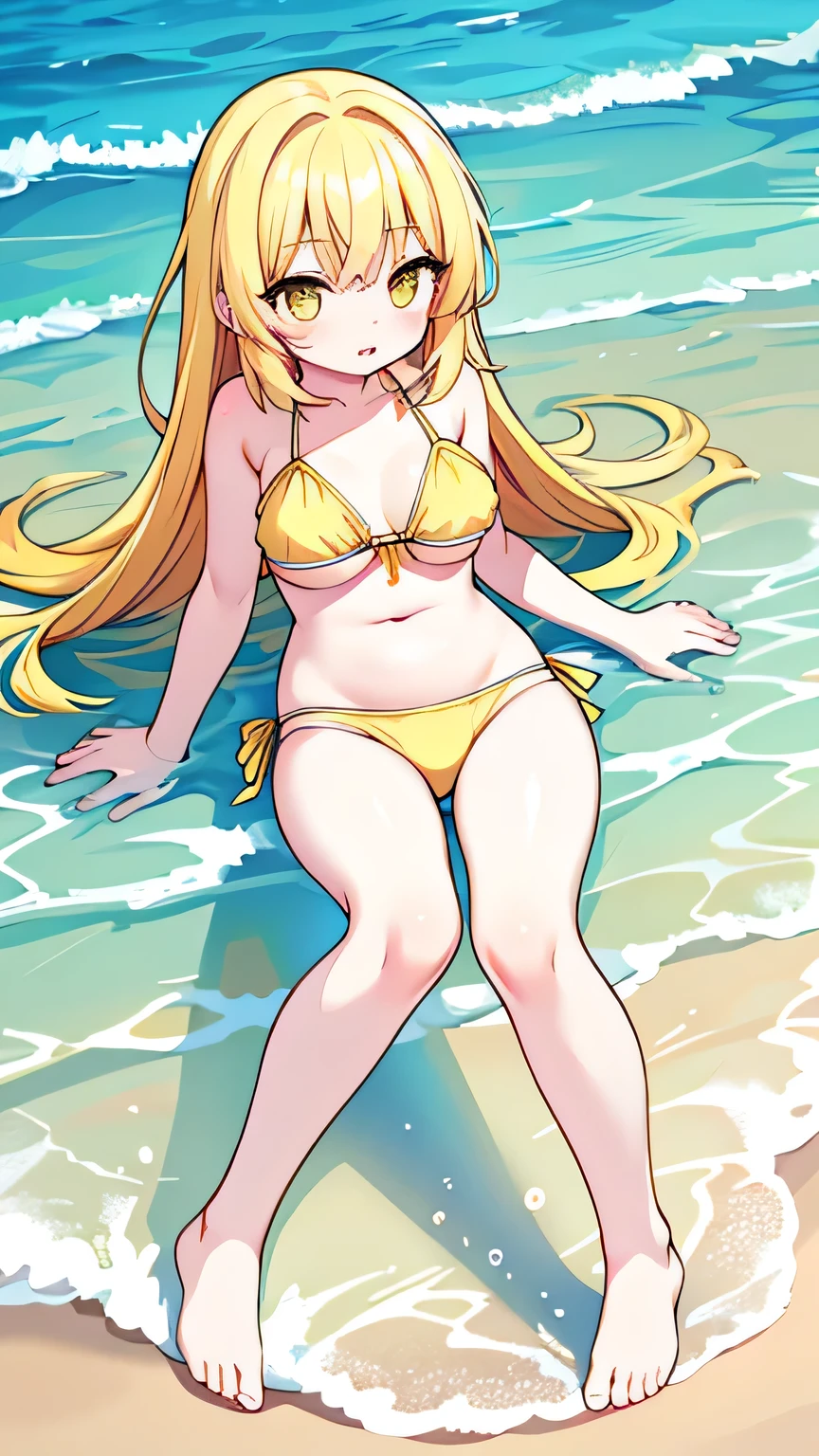 Full body, short, yellow eyes, yellow hair, large breasts, cute, baby face, yellow bikini, barefoot, full body, ocean background, half-twin, playing