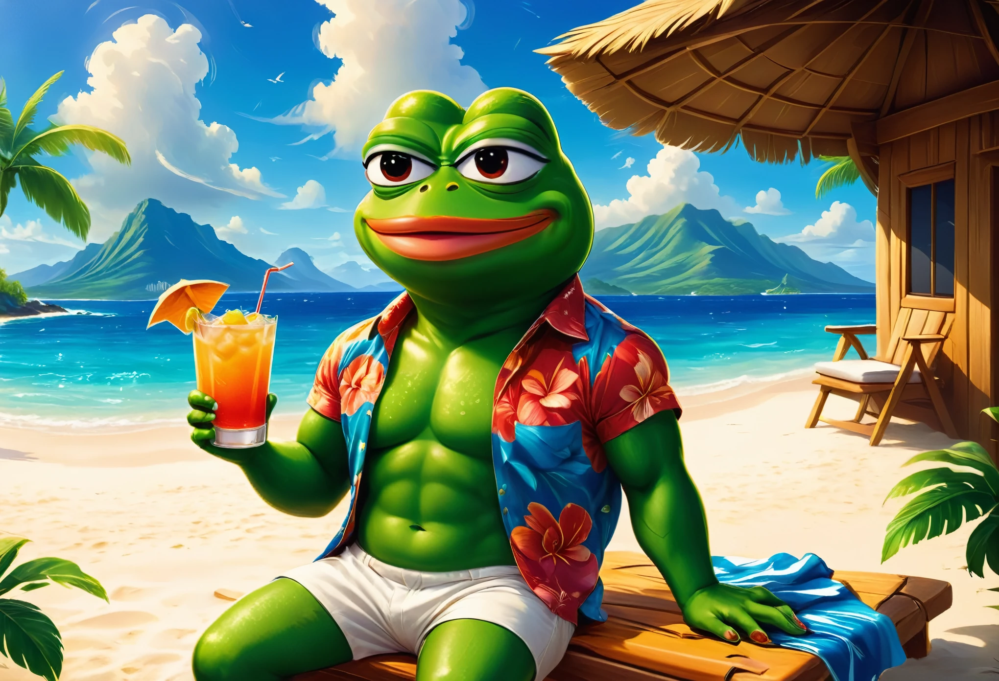 (masterpiece in maximum 16K resolution, ultra detailed, superb quality:1.3), (cute cartoon style:1.2),muscular pepe the frog, solo, frog, anthropomorphic, amphibian, smiling, pepe_frog, (holding a cocktail and reclining on a beach chair), (Hawaiian shirt and hat), (((cool sunglasses))), tropical sunny beach with a ((beach hut)) nearby, gentle waves and clouds, sunny, epic mountains.