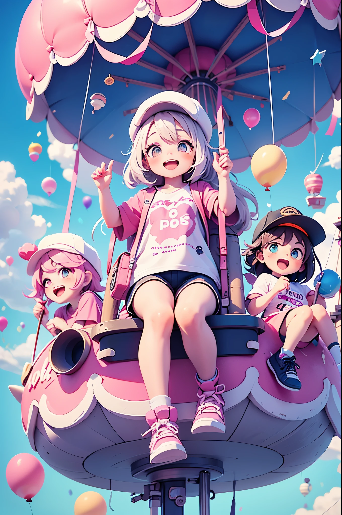 3 cute little boys and girls wearing T-shirts,Pink hat,Round face,Laugh out loud,Pink carousel,Colorful balloons are floating around,crowd,popmart style,C4D,oc renderer,high quality,32k ultra high definition,Candy color