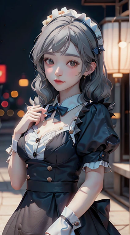 ((16 Nights Sakiya)), ((Oriental Project)), Cosplay, 20-year-old woman, (((Gray Hair)), ((Medium Spiky Hair)), ((Blue maid outfit)), ((White blouse)), Center of chest, (Light)))), (Pause))), (Photorealistic photography: 1.3), rim Lighting, (Skin with attention to detail:1.2), 8k UHD, Digital SLR, high quality, High resolution, 4K, 8k, Bokeh, Disorganized, The optimal ratio is four fingers to one thumb, (Genuine:1.3), The cutest girl 1,