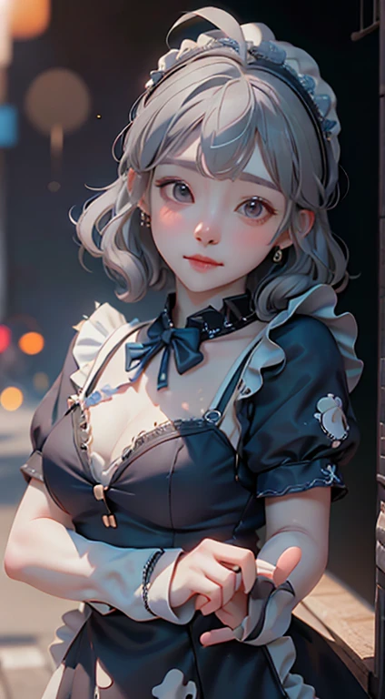 ((16 Nights Sakiya)), ((Oriental Project)), Cosplay, 20-year-old woman, (((Gray Hair)), ((Medium Spiky Hair)), ((Blue maid outfit)), ((White blouse)), Center of chest, (Light)))), (Pause))), (Photorealistic photography: 1.3), rim Lighting, (Skin with attention to detail:1.2), 8k UHD, Digital SLR, high quality, High resolution, 4K, 8k, Bokeh, Disorganized, The optimal ratio is four fingers to one thumb, (Genuine:1.3), The cutest girl 1,