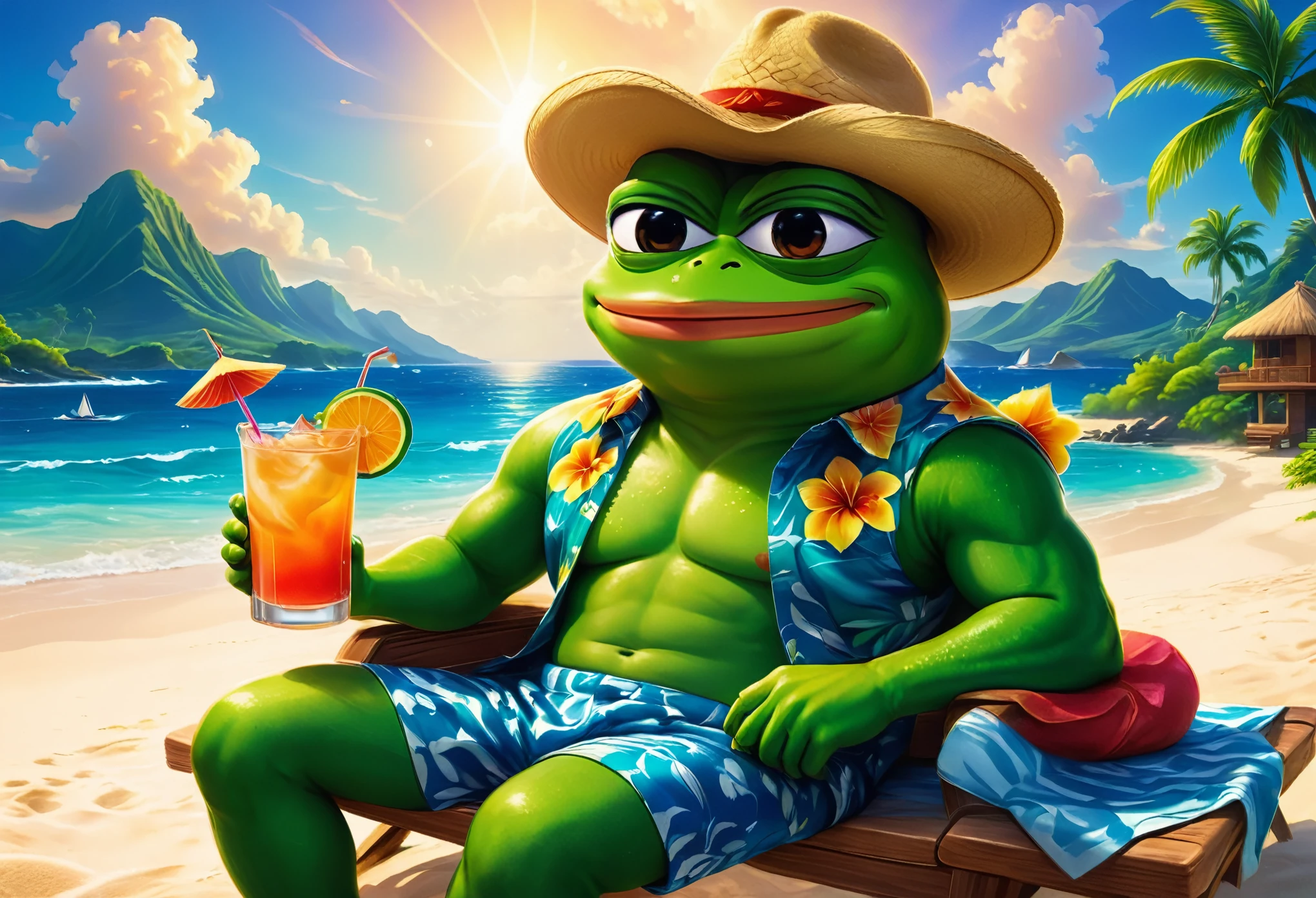 (masterpiece in maximum 16K resolution, ultra detailed, superb quality:1.3), (cute cartoon style:1.2),muscular pepe the frog, solo, frog, anthropomorphic, amphibian, smiling, pepe_frog, (holding a cocktail and reclining on a beach chair), (Hawaiian shirt and hat), (((cool sunglasses))), tropical sunny beach with a ((beach hut)) nearby, gentle waves and clouds, sunny, epic mountains.