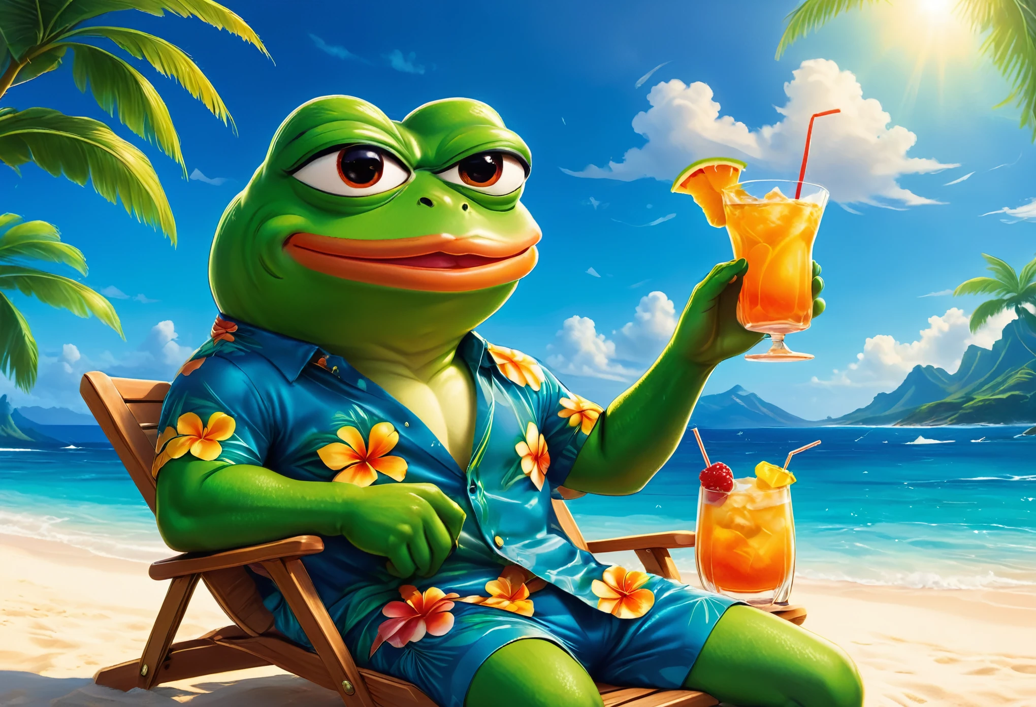 (masterpiece in maximum 16K resolution, ultra detailed, superb quality:1.3), (cute cartoon style:1.2),muscular pepe the frog, solo, frog, anthropomorphic, amphibian, smiling, pepe_frog, (holding a cocktail and reclining on a beach chair), (Hawaiian shirt), (cool sunglasses), tropical sunny beach, gentle waves and clouds, sunny.