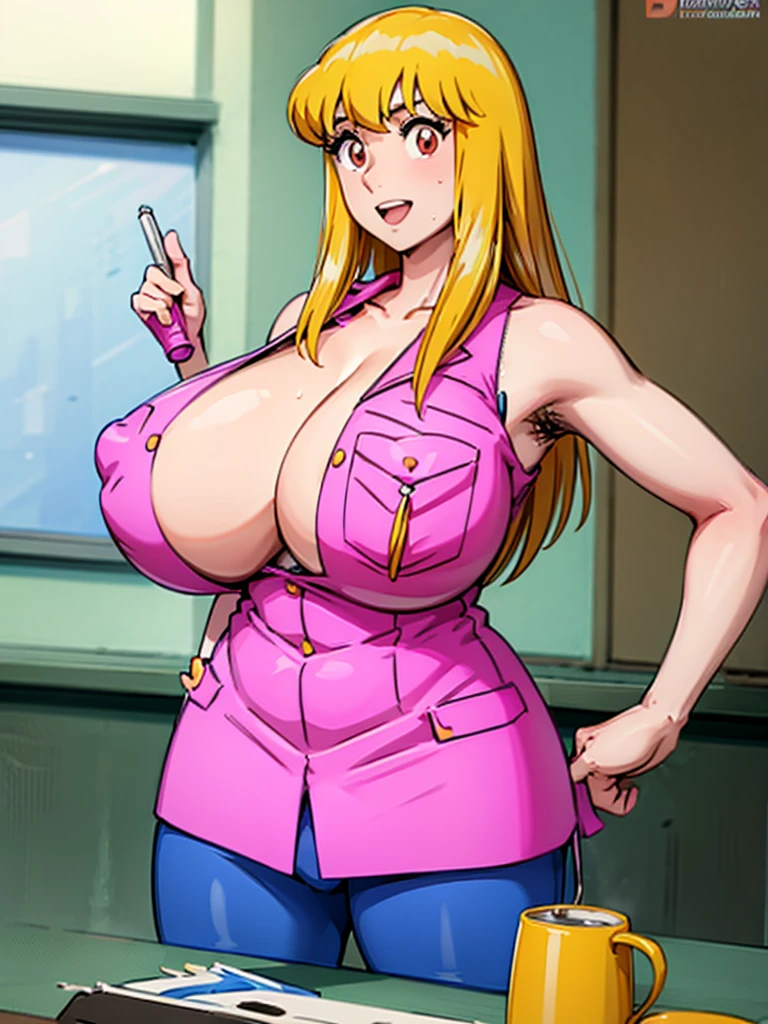 (Reiko Akimoto), (sleeveless, pink police uniform), embarrassing big smile, (masterpiece, best quality), delicate illustration ultra-detailed, sagging gigantic huge breasts, (in police box, counter desk, crowded), ((showing hairy armpit hair)), upper body only, sweating, hand behind head, stomach hair, bukkake, cum shot, hentai atmosphere, blonde, big hip