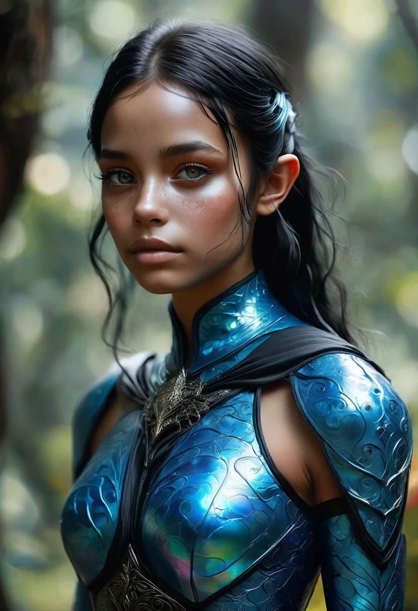 A full-length blue humanoid avatar with bioluminescent freckles and patterns on the skin. Pointed elf ears. Avatar's hair, black in color, sparkling blue eyes, slightly shimmering iridescent blue skin. Female gender, warrior-like, magical and mystical, detailed and realistic. Only blue skin tone. Only blue-colored skin. Skin completely blue.
