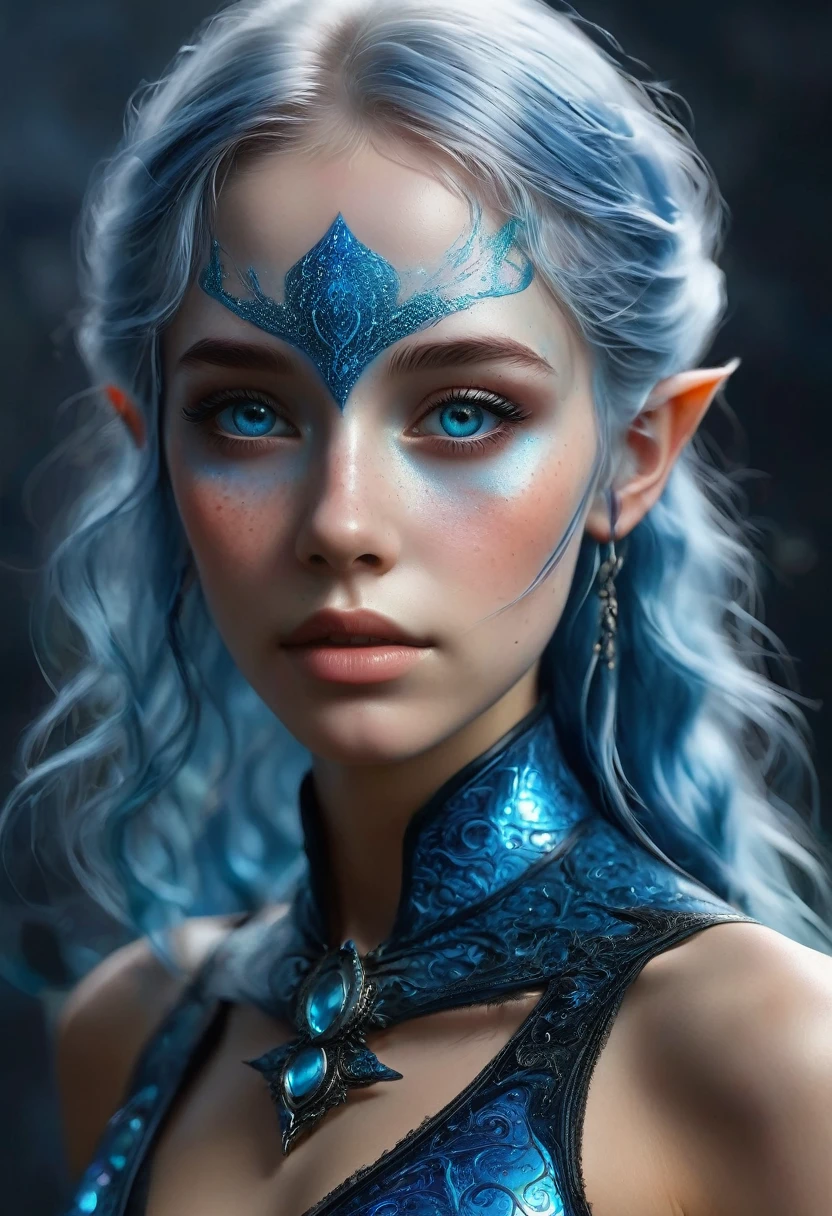 Portrait 8k; une voleuse jeune elfe de la nuit aux cheveux blanc à la peau bleu dans un temple portant une robe armure noire de voleuse, Mysterious, elegant, charmeuse, Very detailed, majestueuse, Digital photography, art painting surreal blue ray filigree, Broken glass, (masterpiece, side lighting, beautiful, finely detailed blue eyes: 1.2), HDR