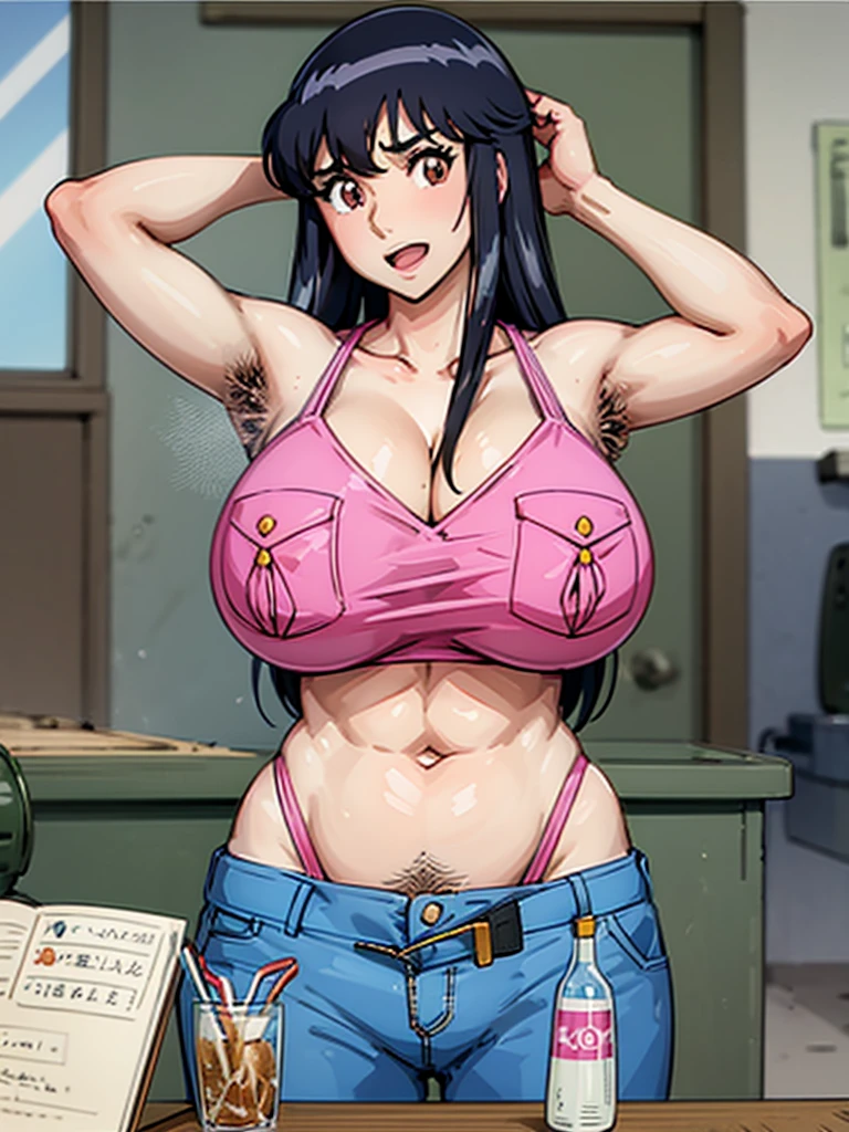 (Reiko Akimoto), (sleeveless, pink police uniform), embarrassing big smile, (masterpiece, best quality), delicate illustration ultra-detailed, sagging gigantic huge breasts, (in police box, counter desk, crowded), ((showing hairy armpit hair)), upper body only, sweating, hand behind head, stomach hair, bukkake, cum shot, hentai atmosphere, blonde, big hip, cleavage