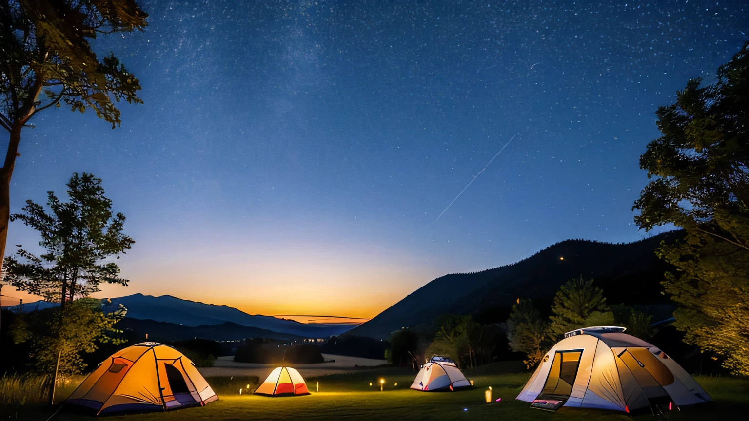 Vista display：

In the center of the picture is an open wild camping site，Surrounded by lush forests and quiet mountains，In the distance, you can see a sunset glow and a starry night sky.。
Several smart electronic fences are cleverly placed around the campsite.，Their lights cast a soft glow，Outline the boundaries of the entire camp。
Close-up detail：

Some campers gathered around a campfire，Enjoy the warmth of the night，They are smiling，Seems to have no concerns about safety around them。
A camper holding a smartphone，Check the status of the electronic fence device through the mobile app，Relaxed and happy expression，Feeling confident about safety。
Close-up showing the details of several smart electronic fence devices，The appearance design of the equipment is simple and elegant，With a modern sense of technology，At the same time, it integrates into the natural environment，Complements the surrounding trees and vegetation。
Atmosphere Description：

The whole picture reveals a peaceful and peaceful atmosphere.，The campsite is surrounded by a smart electronic fence，Creates a safe environment for campers、Comfortable night environment。
The colors in the picture are mainly deep blue and warm orange.，Create a mysterious and warm night atmosphere。