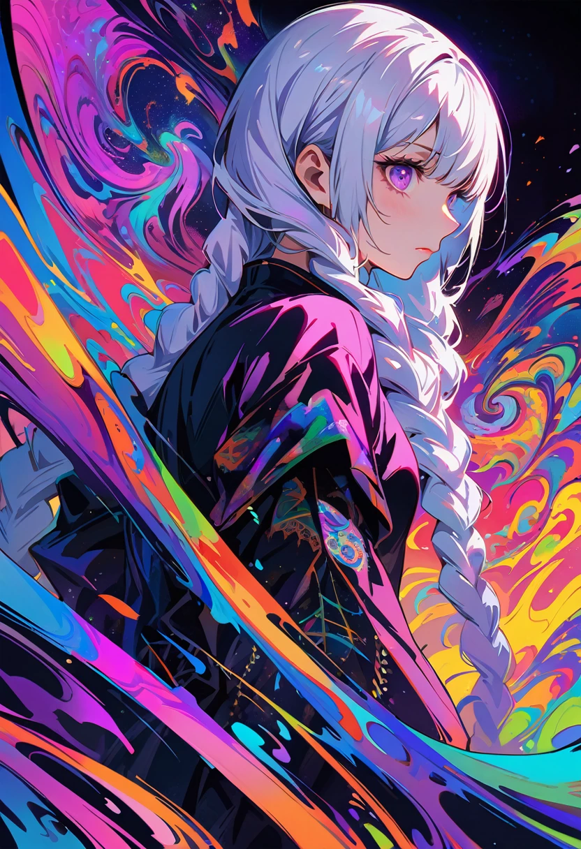 realist, (masterpiece, best quality, official art, beauty, Gothic, Tokyo Ghoul style: 1.2), Very detailed, fractal art, Gorgeous, More detail, Zentangle, (Atmospheric, cosmic, Psychedelic, dreamlike, fear, abstract background: 1.5), (Back-to-back), yinji, purple hair, purple eyes, long hair, white hair, double braids, gradient hair, Japanese folk style clothing