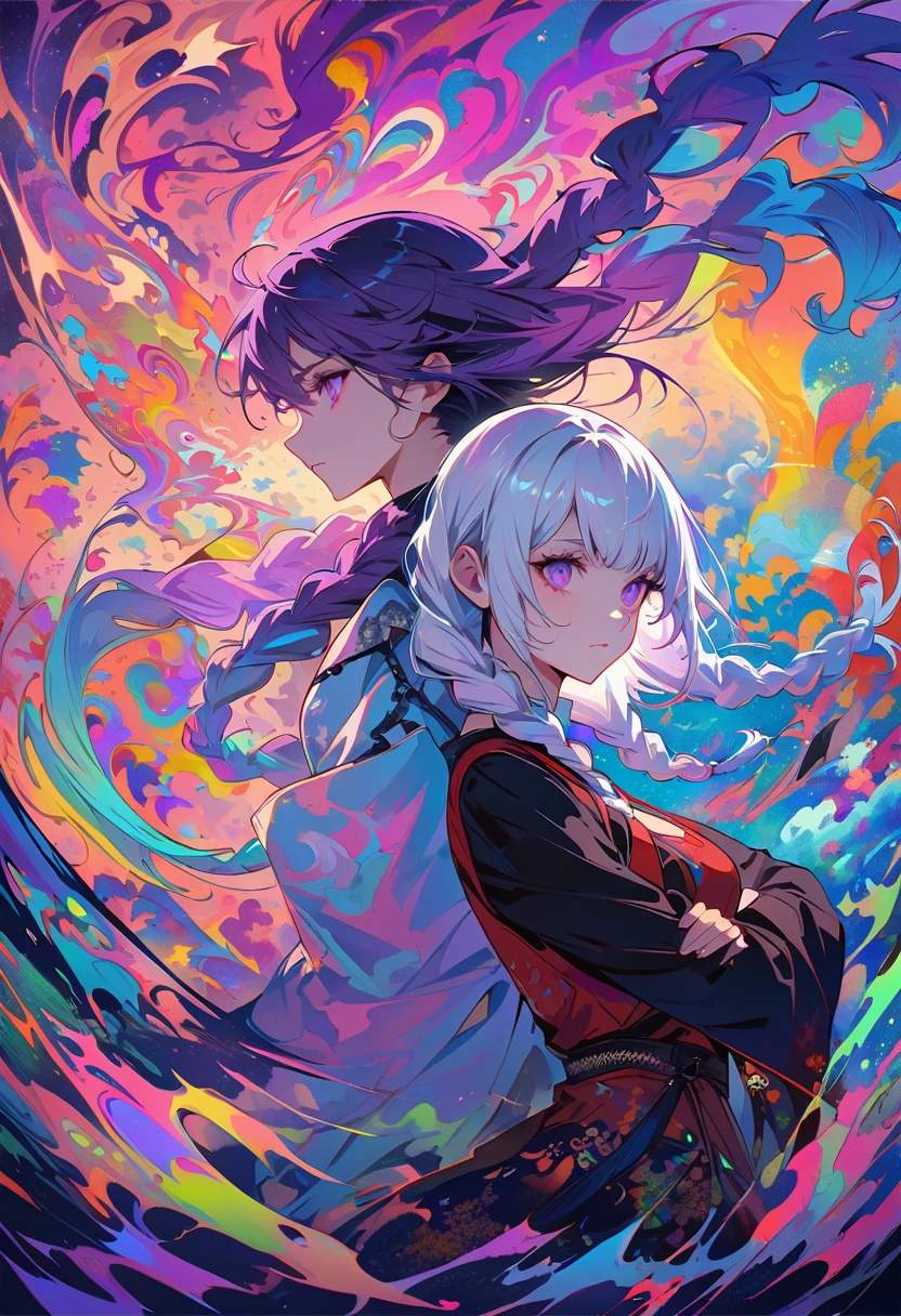 realist, (masterpiece, best quality, official art, beauty, Gothic, Tokyo Ghoul style: 1.2), Very detailed, fractal art, Gorgeous, More detail, Zentangle, (Atmospheric, cosmic, Psychedelic, dreamlike, fear, abstract background: 1.5), (Back-to-back), yinji, purple hair, purple eyes, long hair, white hair, double braids, gradient hair, Japanese folk style clothing