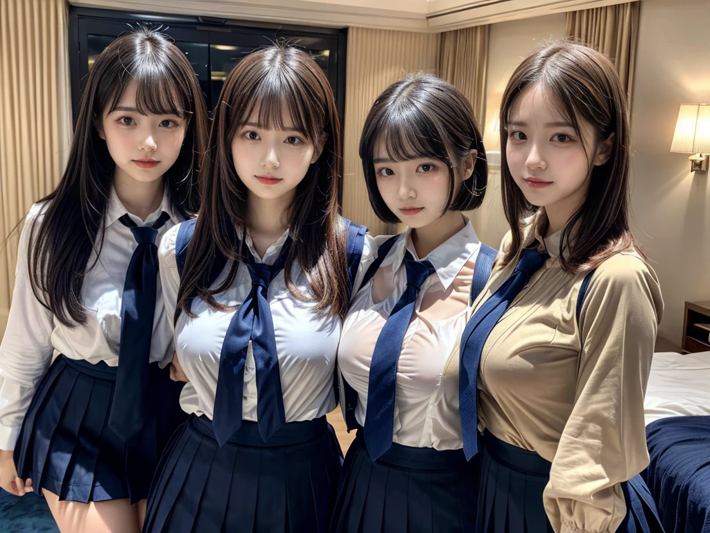 (8K, Raw photography, top-quality, ​masterpiece:1.2),  ((3 beatiful girls))、.（Realistic Skins 1.4）、（（（female high-school student、School Uniforms、）））、{{‎(The background is a luxury hotel room}}（（School Uniforms、white Cutter shirt、darkblue pleatedskirt))、（(long hair)）、((One has short hair)),（A dark-haired、The forehead is hidden by bangs、）、Black eyes、shinny skin.Beautiful delicate face、Beautiful delicate eyes、｛Voluptuous body shape、Thicker thighs｝、One piercing in each ear,((large breasts)), ((navy blue tie)) ,looking at camera, ((close up))