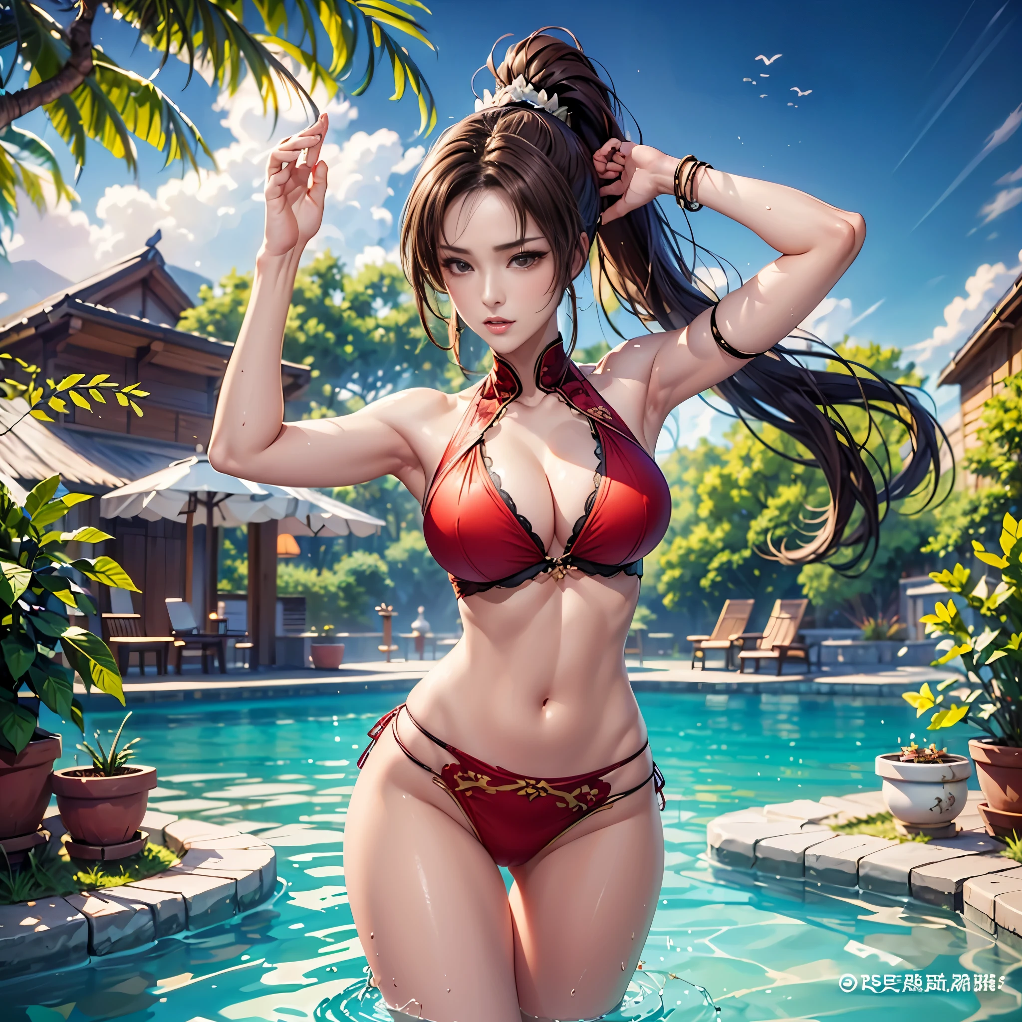   Sexy mai shiranui, UHD, In a waterfall, big breasts, sexy pose, sitting on the root of a tree, 