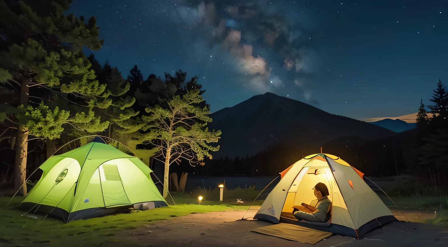Drawing renderings for such equipment can present a realistic and engaging camping scene.，Highlight the function and purpose of the equipment。The following is a possible Scenario Description and Rendering concept： Scenario Description： Nightfall，Starlight，A peaceful outdoor camping site in the quiet mountains and forests。Around the campsite，Several smart electronic fence devices are cleverly arranged，Form an invisible safety barrier。These devices penetrate the misty night，Exudes a soft glow，Make the entire camp environment more mysterious and safe。 Rendering concept： Vista display： In the center of the picture is an open wild camping site，Surrounded by lush forests and quiet mountains，In the distance, you can see a sunset glow and a starry night sky.。 Several smart electronic fence devices are cleverly arranged around the campsite，Their lights cast a soft glow，Outline the boundaries of the entire camp。 Close-up detail： Some campers gathered around a campfire，Enjoy the warmth of the night，They are smiling，Seems to have no concerns about safety around them。 A camper holding a smartphone，Check the status of the electronic fence device through the mobile app，Relaxed and happy expression，As if feeling confident。 Close-up showing the details of several smart electronic fence devices，The appearance design of the equipment is simple and elegant，With a modern sense of technology，At the same time, it integrates into the natural environment，Complements the surrounding trees and vegetation。 Atmosphere Description： The whole picture reveals a peaceful and peaceful atmosphere.，The campsite is surrounded by a smart electronic fence，Creates a safe environment for campers、Comfortable night environment。 The colors in the picture are mainly deep blue and warm orange.，Create a mysterious and warm night atmosphere。
