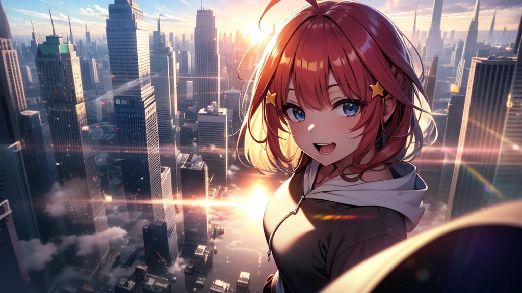 itsukinakano, Itsuki Nakano, bangs, Ahoge, Redhead, star \(symbol\), close your eyes,hair ornaments, star hair ornaments,happy smile, smile, Open your mouth,Short braided hair,red oversized hoodie,Shorts,White Pantyhose,High-top sneakers,(LOL:1.1), (Open your mouth:1.1), Sun glare, Bokeh, Written boundary depth, Blurred Background, Particles of light, Strong winds, (Heart Particles:1.1)
Outdoor break, city,Destroy a building area (masterpiece:1.2), highest quality, High resolution, unity 8k wallpaper, (shape:0.8), Highly detailed face, Perfect lighting, Highly detailed CG, (Perfect hands, Perfect Anatomy),Top view angle