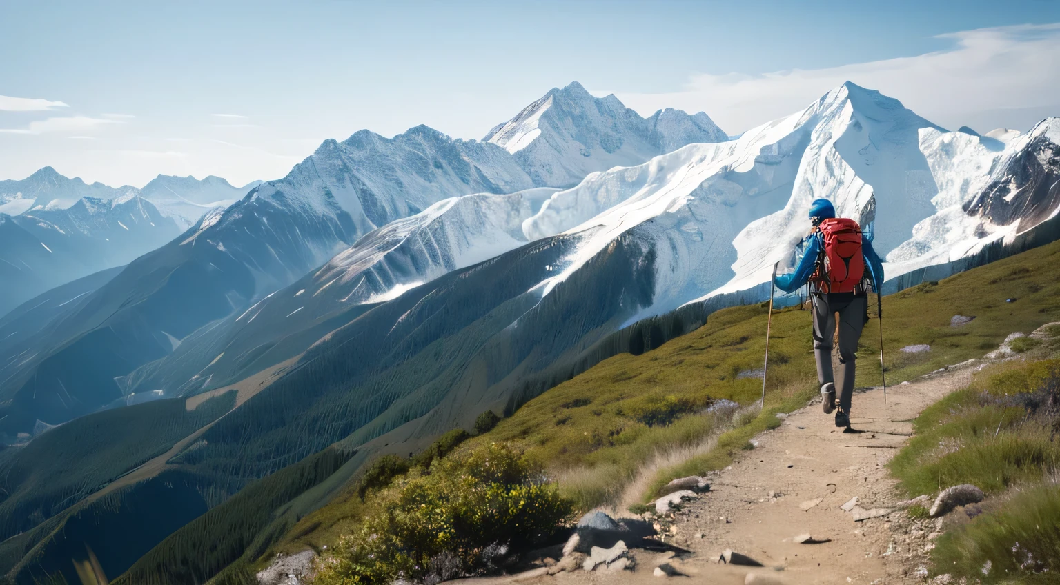 Character position：Place the climber in the center of the frame or slightly to the side，Make them the focus of the picture。

Dynamic poses：Depicting a climber wielding a trekking pole、Walking posture，Highlights his energy and determination in outdoor hiking and mountaineering。

facial expression：Detailed depiction of the climber’s facial expression，Demonstrate their commitment and excitement for mountaineering activities。

The use of trekking poles：Will climbers hold advanced trekking poles，Highlight its importance and practicality in outdoor hiking and mountaineering。

Natural Environment：Place climbers in a natural environment，Like a mountain forest、Yamakawa et al.，Highlight the environmental characteristics of outdoor hiking。