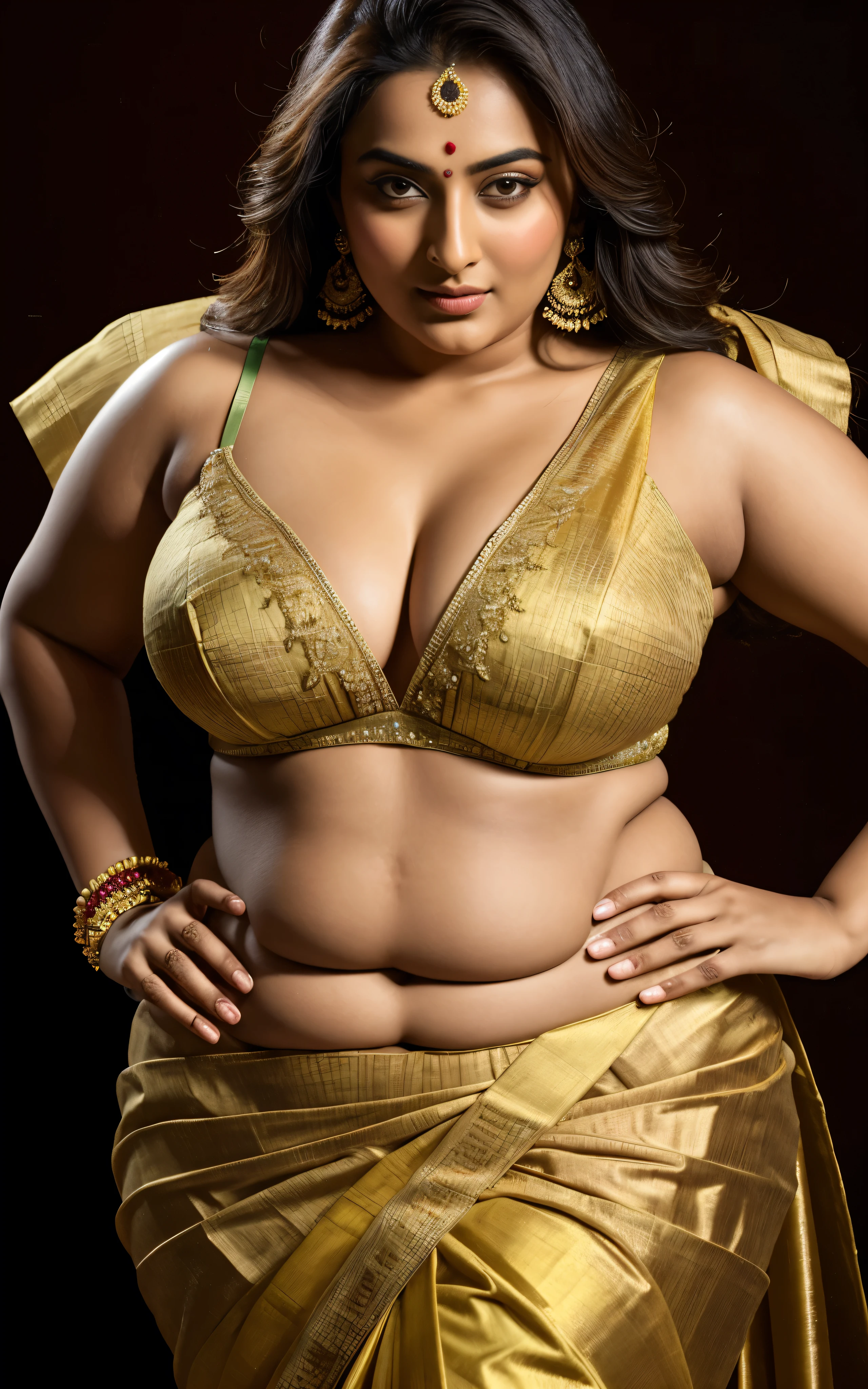 Foto RAW, photorealistic, photography, full body shot, master shot, perfect eyes, goddess like beauty, pierced eyes, perfect thick chubby mallu Desi aunty bhabhi, Wearing a Stanapatta, a chest-band.Saree model, model Photography, Indian saree shoot, Indian traditional wear advertising photography, traditional wear brand shoot, face of Indian actress Sonakshi Sinha, masterpiece, realistic, realism, incredible details, pleasure, photorealism, detailed skin, skin pores, high contrast, photorealistic Artstation 8k HD digital art trend of high definition and detailed realistic skin texture, ultra detail, realistic skin texture, armature, best quality, ultra high definition, (photorealistic:1.4),, high resolution, detail, raw photo, sweat, Re sharp, by Lee Jefferies Nikon D850 Film Stock Photo 4 Kodak Portra 400 Camera F1.6 Lens Rich Color Ultra Real Realistic Realistic Textures Dramatic Lighting Unreal Engine Trending at Art Station Cinestill 800,(pele altamente detalhada: 1.2), 8k UHD, DSLR, soft-lighting, alta qualidade, grain of film, Fujifilm XT3,she didn't like to wear blouse or bra, she is happy to wear only saree, she hates blouse or bra, detailed hairy armpits, hyper realistic skin, skin pores, sweat, veins,