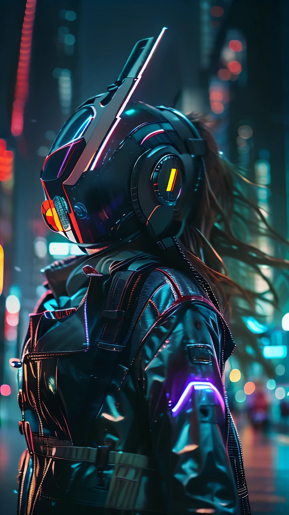 (good structure),high dynamic range,ultra high definition,8k,1 girl,blurred background,cyberpunk protective clothing,cyberpunk protective helmet,Glowing helmet,Neon lamp,neon color,oblique body,night,Mask screen reflections,depth of field,Upper body,cyberpunk,ground vehicle,lamp,neon lamp,pilot suit,alone