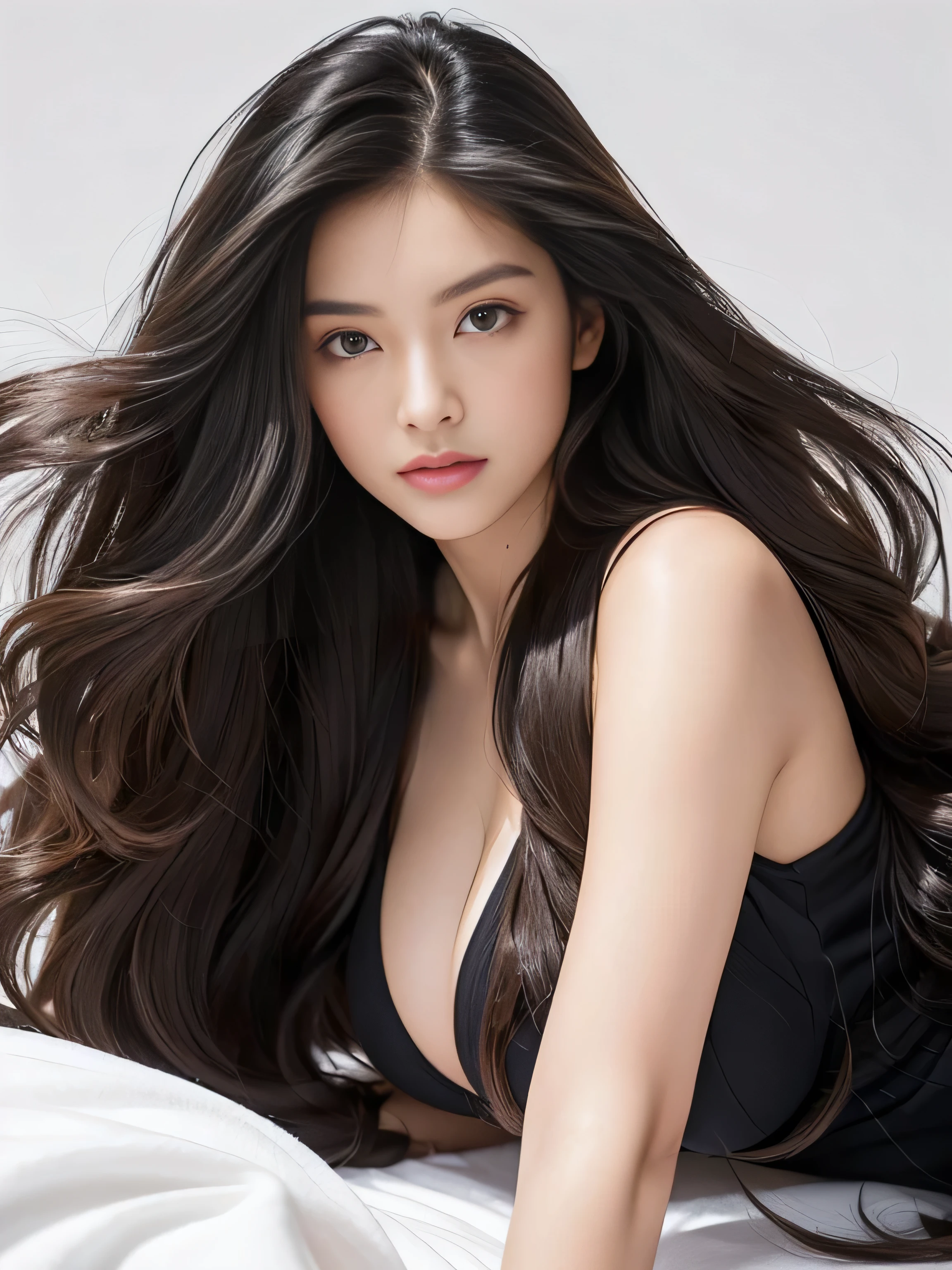 (She is lying on her back on a white bed.、She was photographed from the ceiling as she slept with her hair spread out and facing the ceiling.:1.2)　((highest quality)), ((masterpiece)), (Familiar), (Get used to it)　(Her hair is jet black and wavy!!!!!)　(Very long hair down to the ankles!!!!!　highest quality　Highest detail　Very long hair down to the ankles!!!!!　Very long hair that lasts forever:1.3　Flowing hair　Very shiny and thick hair　Abnormally long hair that lasts forever!!!!!　Flowing Hair on both ends!!!!!　Very long hair down to the ankles!!!!!　Very long hair down to the ankles!!!!!　Thick and shiny hair　Very free hair　Abnormally long hair!!!!!　Beautiful silky hair　　Beautiful and shiny hair　Beautiful and shiny hair　Beautiful silky hair　Hair that grows to the knees　Very very, Very long hair!!!!!　Very very, Very long hair!!!!!)　(Large Breasts:1.4)　(Very long hair down to the ankles!!!!!　highest quality　Highest detail　Very long hair down to the ankles!!!!!　Very long hair that lasts forever:1.3　Flowing hair　Very shiny and thick hair　Abnormally long hair that lasts forever!!!!!　Flowing Hair on both ends!!!!!　Very long hair down to the ankles!!!!!　Very long hair down to the ankles!!!!!　Thick and shiny hair　Very free hair　Abnormally long hair!!!!!　Beautiful silky hair　Beautiful and shiny hair　Beautiful and shiny hair　Beautiful silky hair　Hair that grows to the knees　Very very, Very long hair!!!!!　Very very, Very long hair!!!!!)　(She is the most beautiful 28-year-old hair model in Japan.....)　Perfect Woman&#39;face　(She has a typical Japanese build and skin color..., Her skin is very high quality and ultra high definition.、very beautiful and glowing skin)　(Her face is dignified and sexy)　(Her face is thin:1.3)（She achieved her sexy look with the help of a professional makeup artist.。...　Lipstick is bright red　The eyeliner is a beautiful black)　(Surreal photos by professional photographers :1.2)　(She is wearing shiny white lingerie)　((Her bangs are completely cut off.))　(She has a typical Japanese build and skin color　Her skin is very delicate and sensitive..、and、Such beautiful and radiant skin)　((Rich 1.4))　(Extremely detailed 8K)　(Ultra-fine skin texture 1.4)　(Actual, Vibrant:1.4), 　Sharp focus:1.2、Beautiful woman:1.4　Dynamic Lighting　(Genuine RAW photos taken by professional photographers)　very beautiful and glowing skin)　(Surreal photos by professional photographers :1.2)　